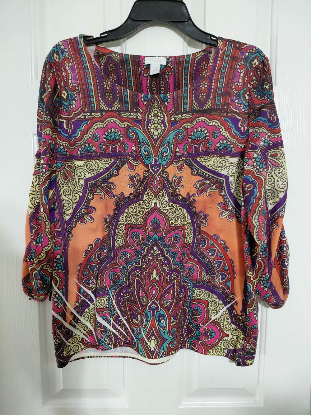 Chico's Orange Paisley Tunic with Purple, Teal & Cream Details